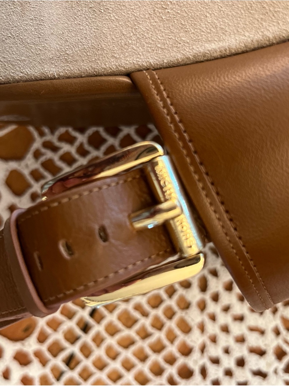 Michael Kors Tan Suede and Brown Leather Lug Platform Sandals with Gold Buckle - Picture 10 of 12
